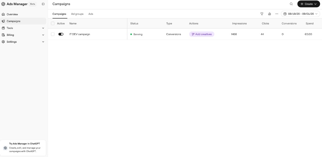 Η IT DEV τρέχει ήδη live campaign στο OpenAI Ads Manager Beta
