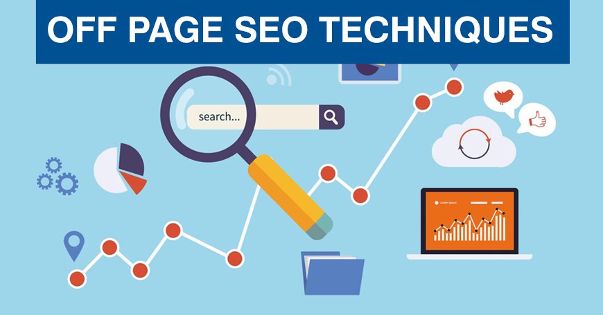 Illustration of Off-page SEO techniques, featuring a magnifying glass over a search bar, analytics charts, social media icons, and graphs, highlighting strategies for improving website ranking outside of the website itself.