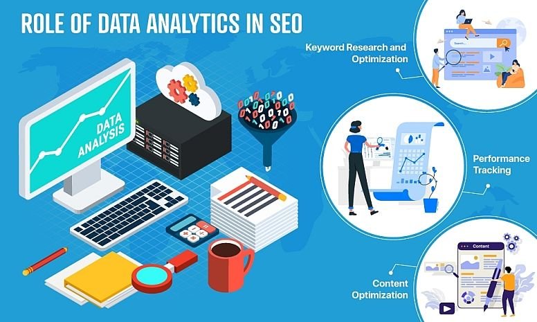 Illustration showcasing the role of data analytics in SEO, featuring elements like data analysis, keyword research and optimization, performance tracking, and content optimization, with visuals of graphs, charts, and digital tools.