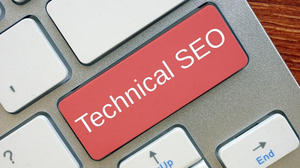 Close-up of a keyboard with a red key labeled 'Technical SEO,' representing the focus on backend website optimization for better search engine performance.